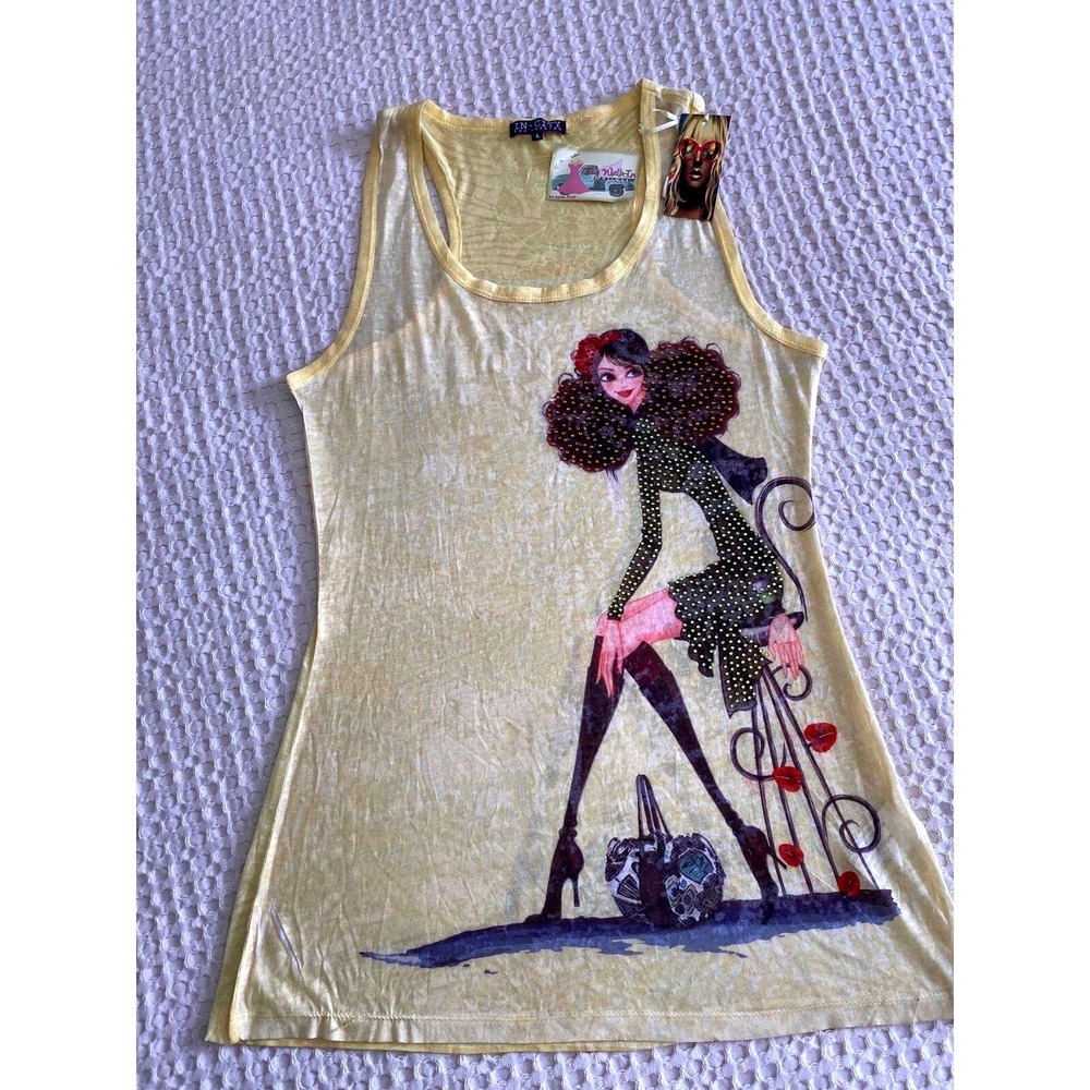 In-City Los Angeles Women Yellow Rhinestone Graphic Racerback Tank Top Large NEW